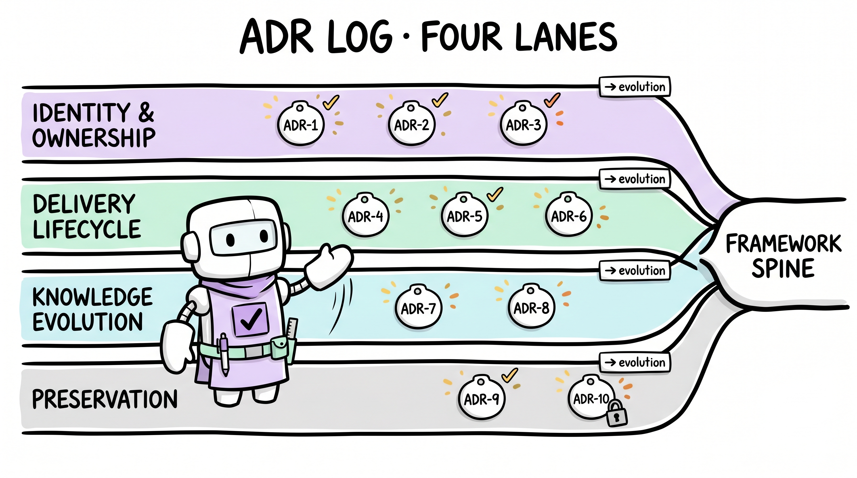 Comic explainer: the ADR log as four reasoning lanes — identity & ownership · delivery lifecycle · knowledge evolution · preservation