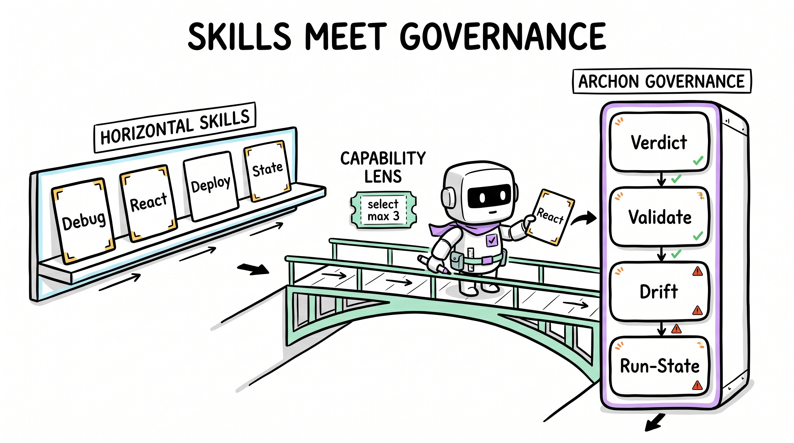 Comic explainer: Superpowers is a horizontal skill library, Archon is a vertical governance framework