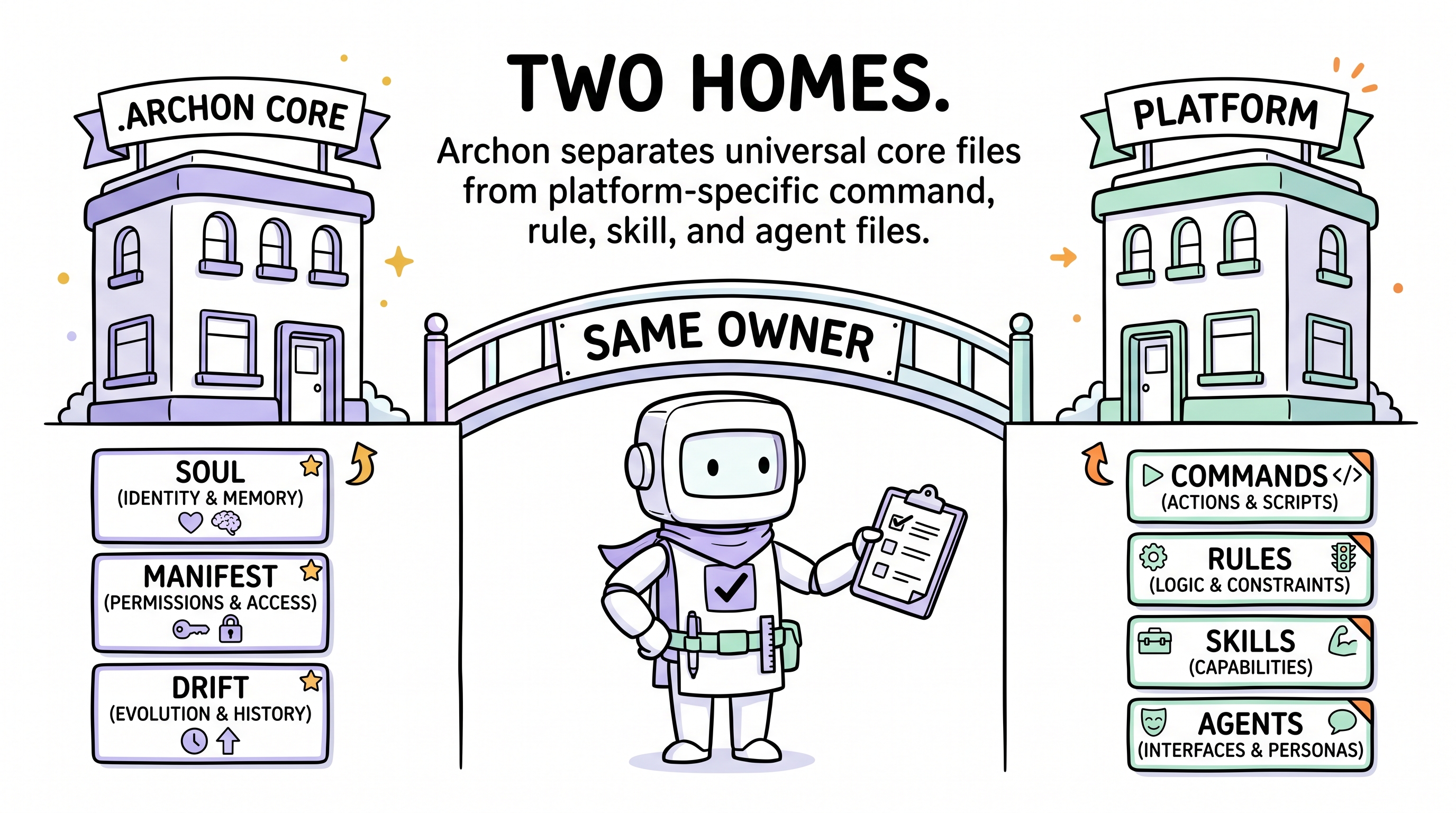 Comic explainer: two homes — framework core vs project state