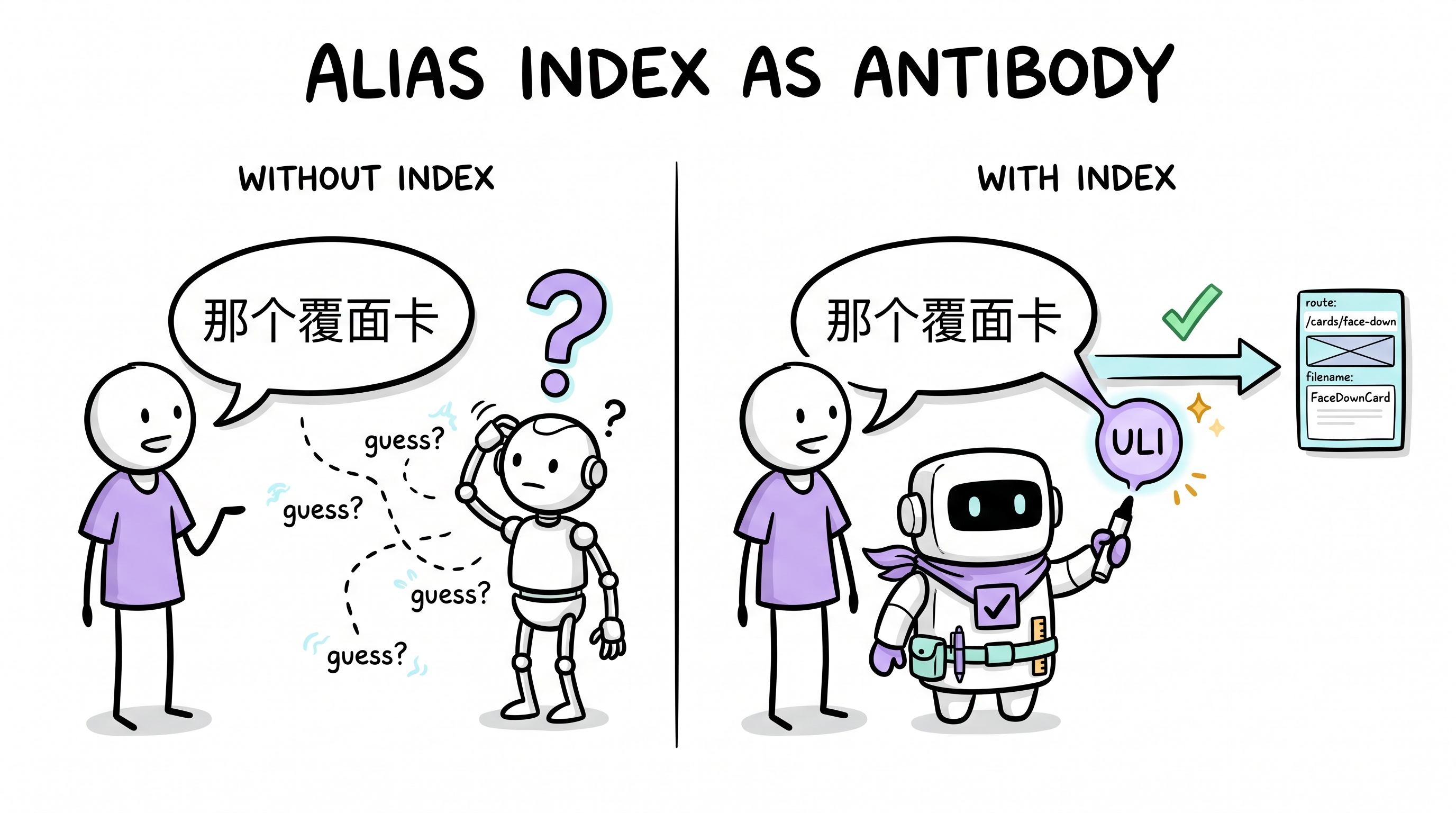 Comic explainer: without the alias index the worker robot guesses; with the index the Archon Steward intercepts the phrase with a ULI antibody and routes it straight to the FaceDownCard artifact