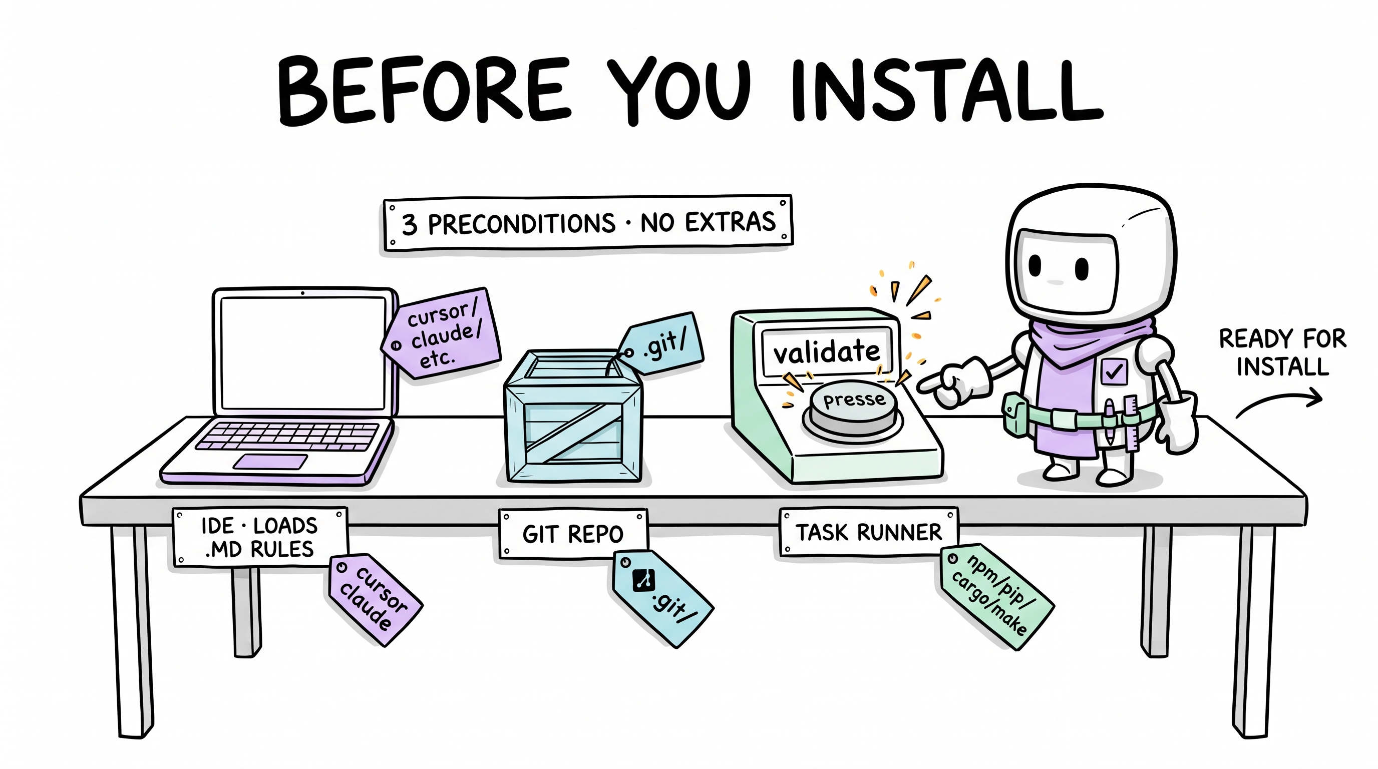 Comic explainer: three preconditions before install — IDE, git repo, task runner