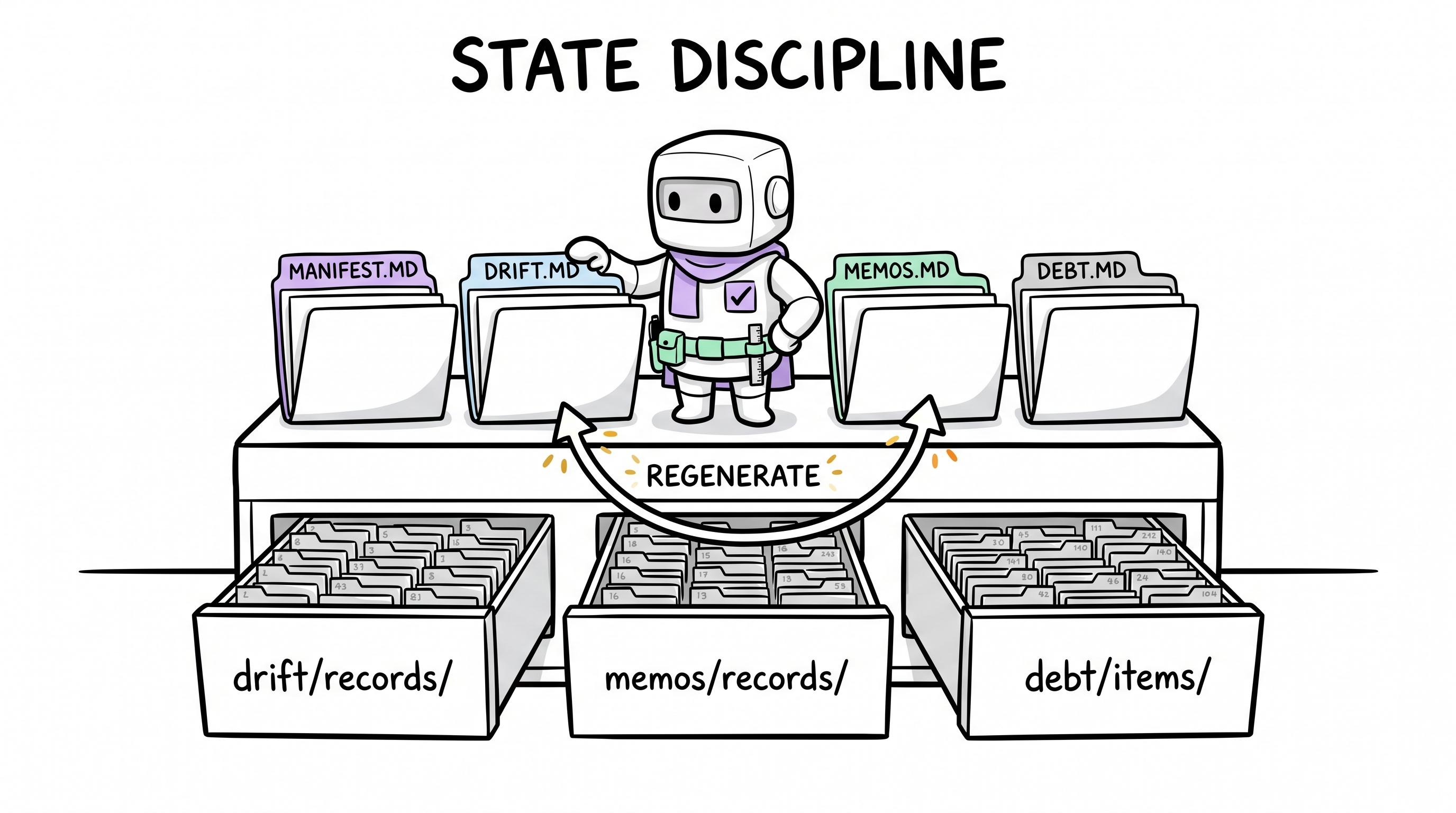 Comic explainer: state discipline — manifest, drift, memos, debt