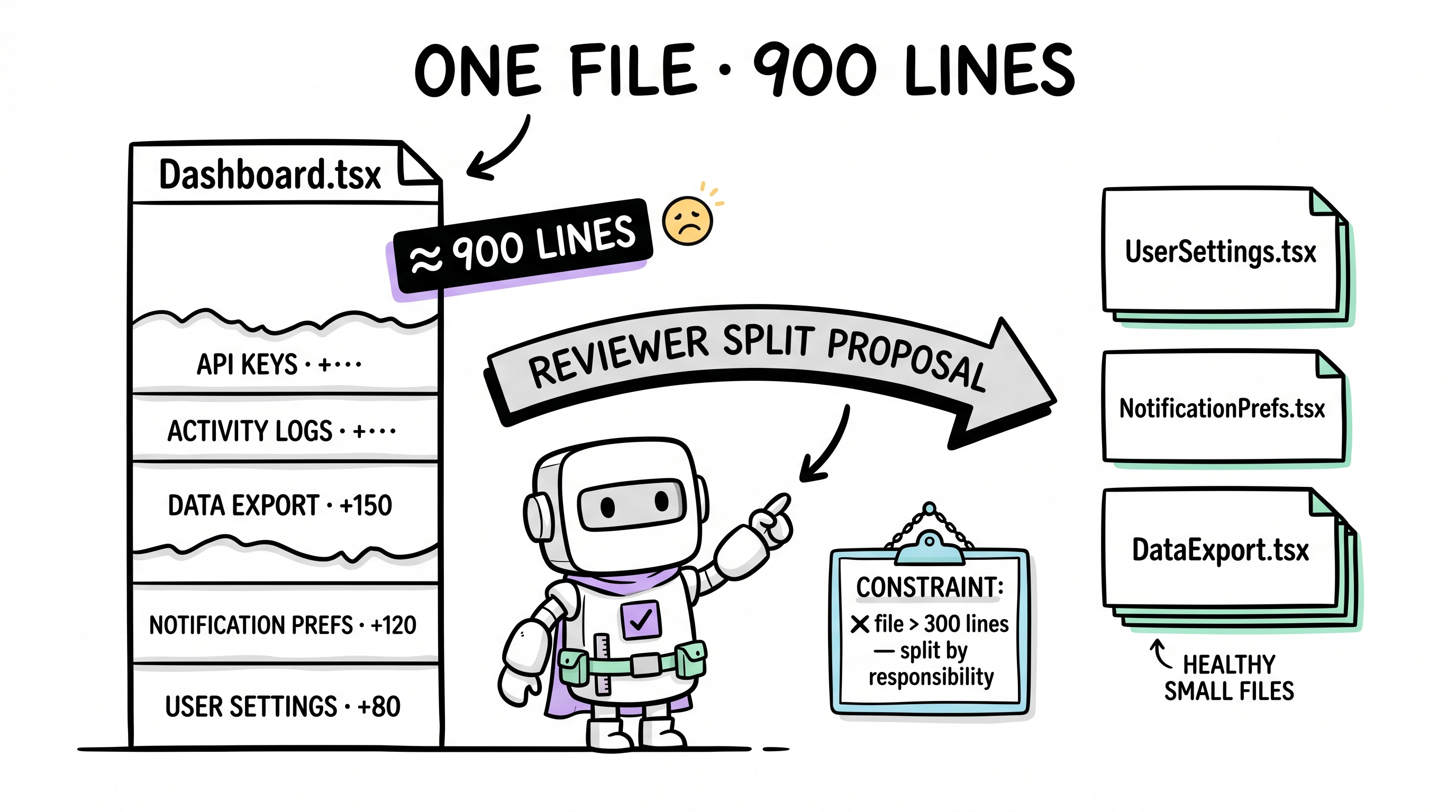 Comic explainer: Dashboard.tsx bloats to 900 lines; Reviewer proposes splits + crystallizes a 300-line constraint