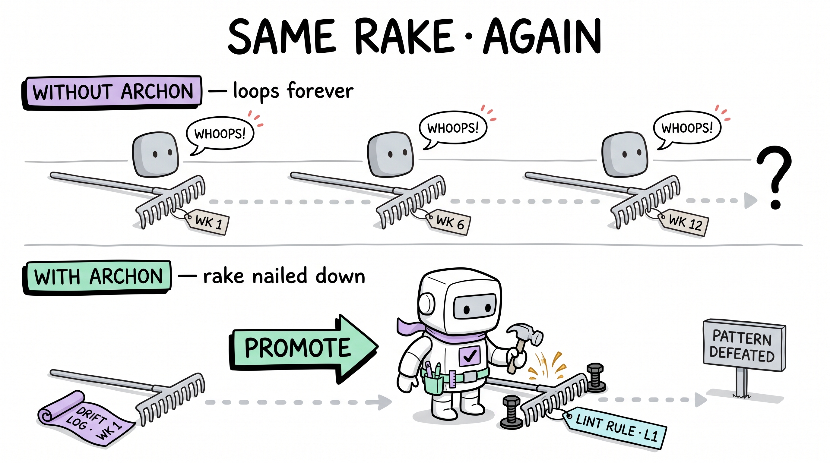Comic explainer: without Archon the same rake is stepped on forever; with drift-log + promotion to a lint rule the rake is nailed down