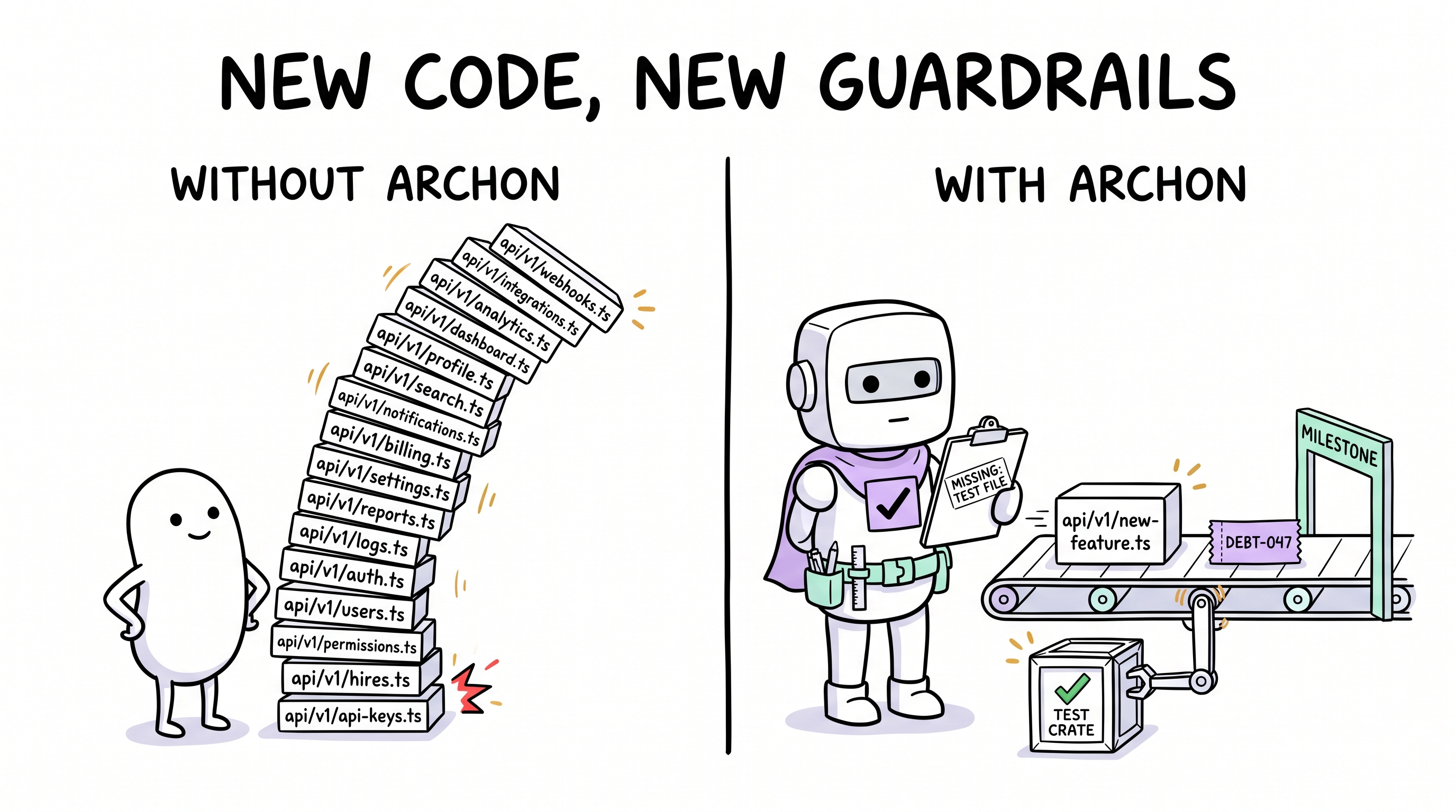 Comic explainer: 16 untested API modules teeter in a tower; Archon's auditor stamps "MISSING: TEST FILE", pairs each new module with a test crate, and a milestone gate blocks unresolved DEBT-047 tickets