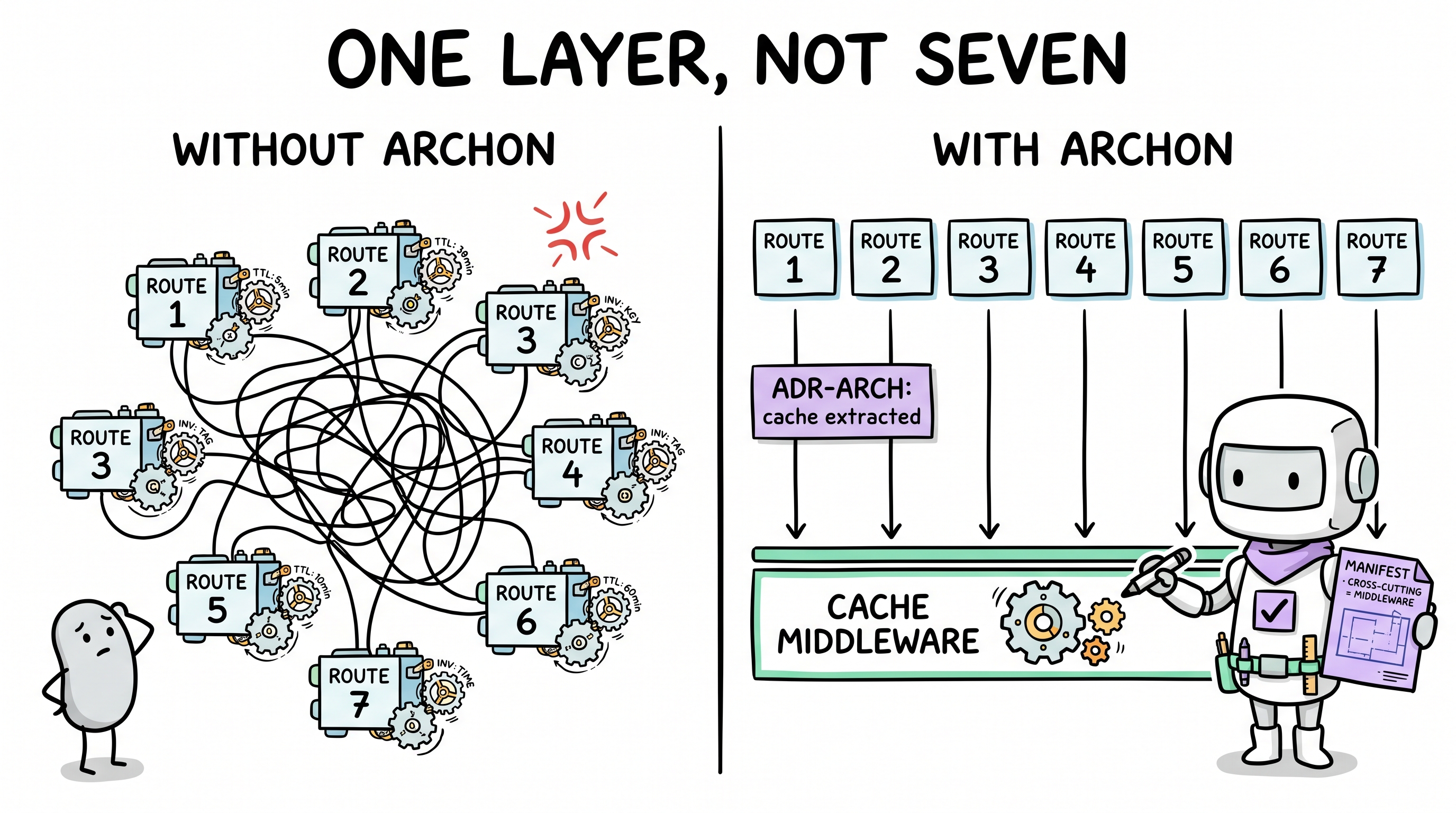 Comic explainer: 7 route handlers each with a bespoke inline cache gear collapse into one shared "CACHE MIDDLEWARE" strip once Archon's Model phase consults the manifest's cross-cutting rule