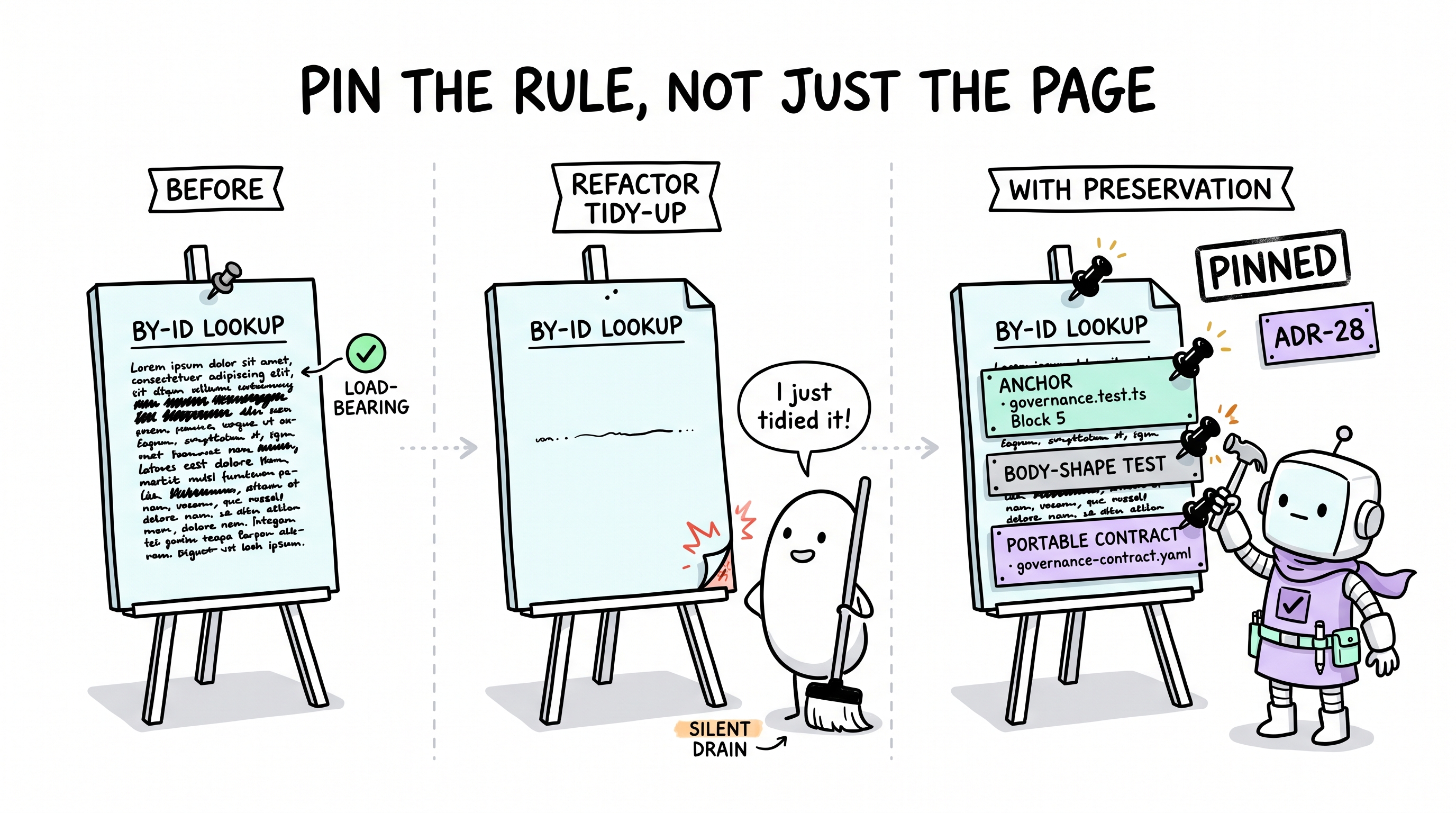 Comic explainer: a load-bearing paragraph is innocently "tidied" into one empty line during a refactor; Preservation Axis (ADR-28) pins the rule with three pushpins labelled anchor + body-shape test + portable contract, so silent drain fails closed