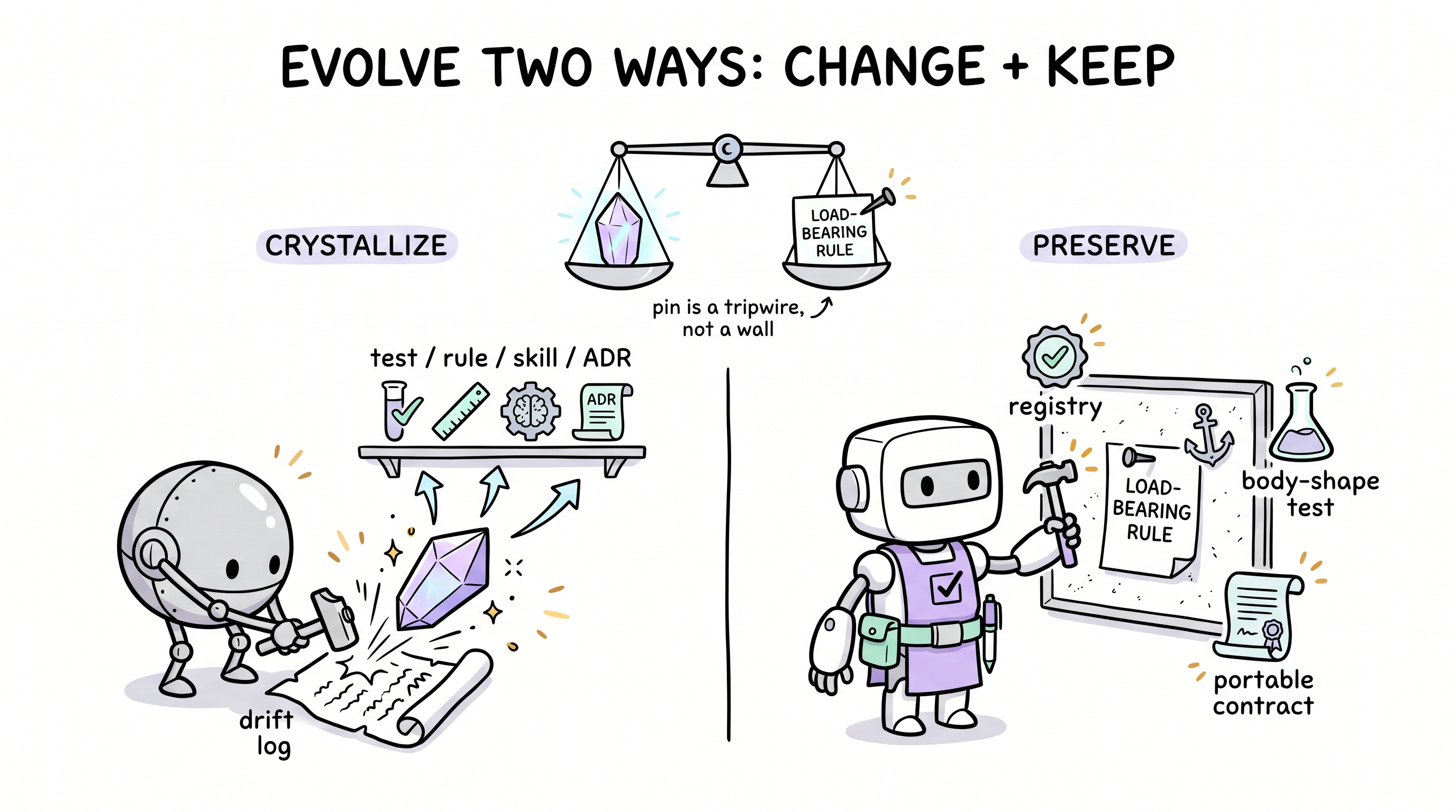 Comic explainer: Archon preservation axis — evolution dual motion (crystallize + preserve)