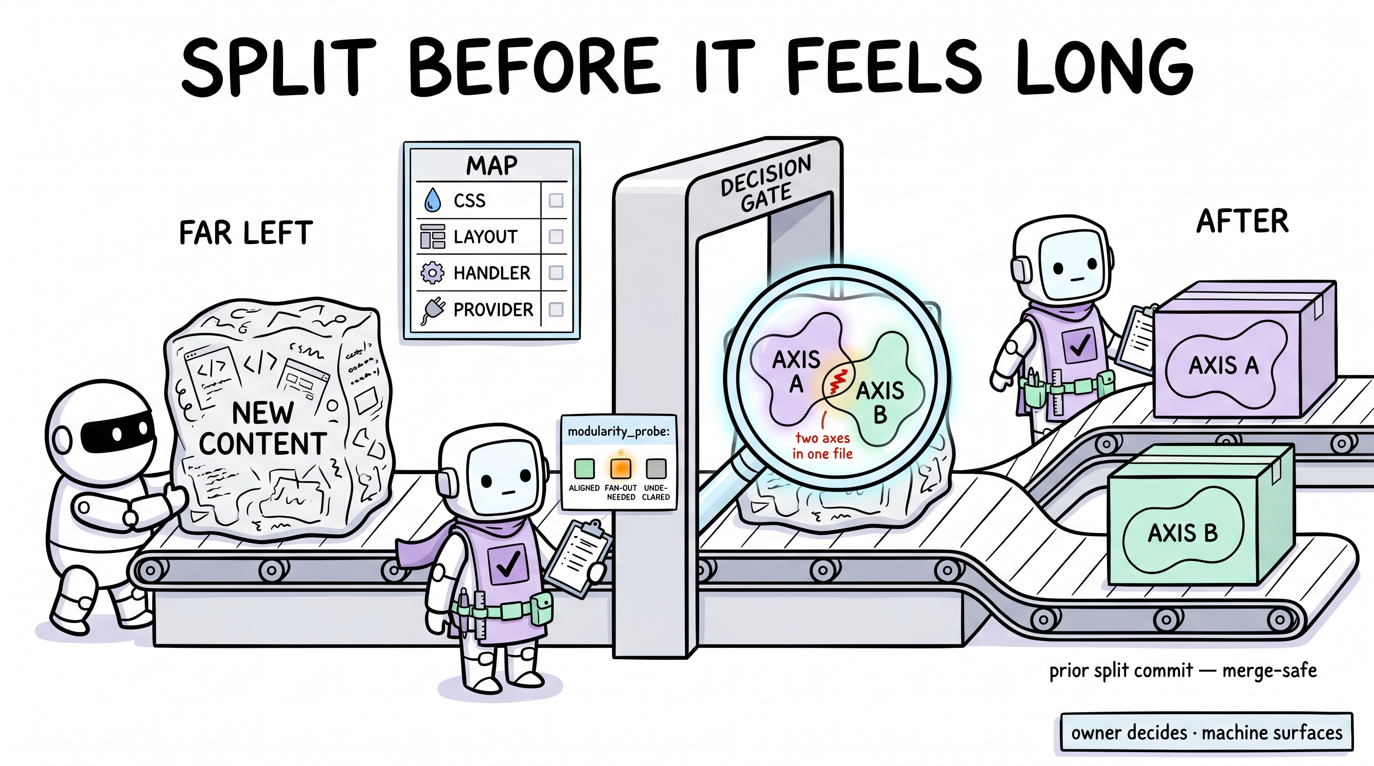 Comic explainer: Source Modularity Probe — foresight-style axis check at the Decision Gate